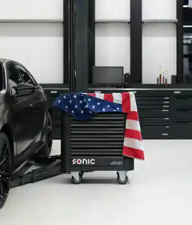 Sonic Tools USA Mobile BMW M5 with NEXT S9 toolbox with American flag